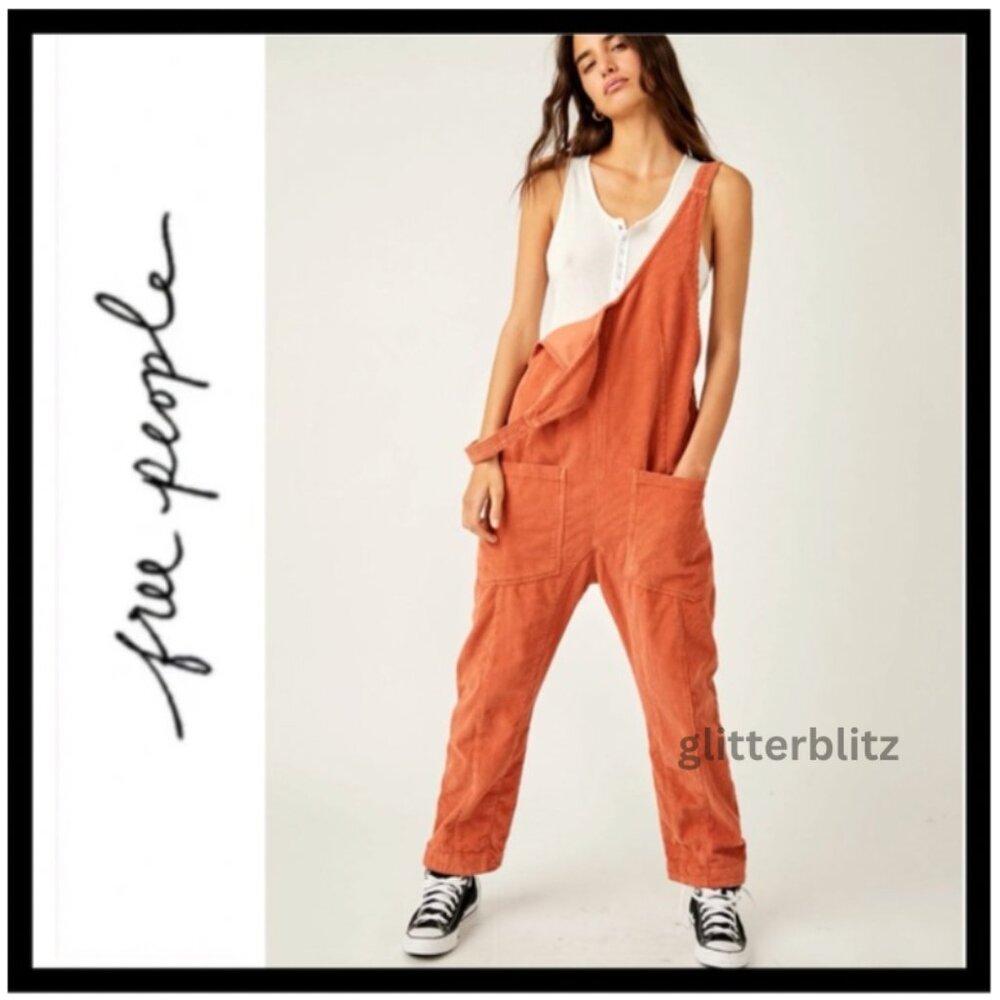 Free People We The Free High Roller Cord Jumpsuit in Cedar - Burnt Orange